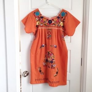 Embroidered Mexican Peasant Mini Dress (Orange)
